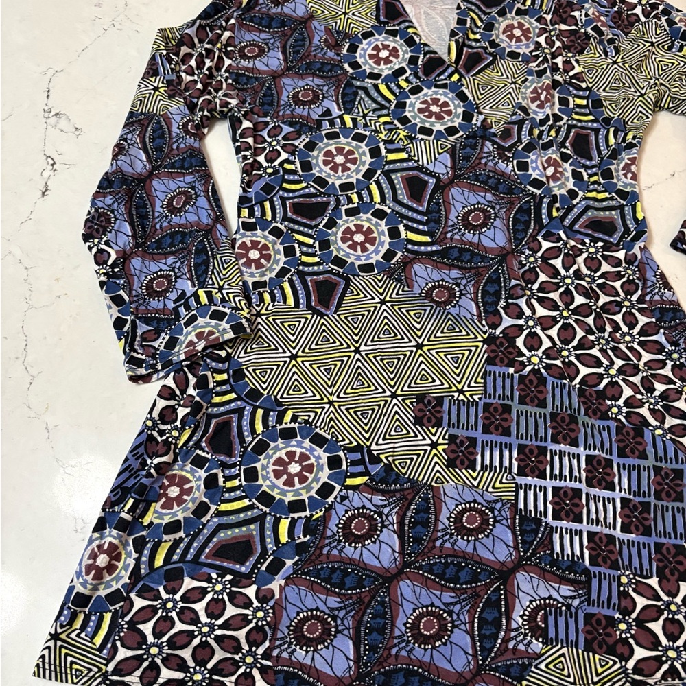 Salaam Colorful Patchwork Tunic Womens Small Blue Multicolor 3/4 Sleeve Top Y2K